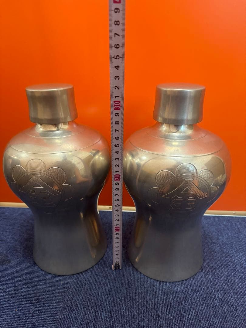 1644 純錫製 岡本謹製　古錫瓶子一対　酒器　32cm 時代物