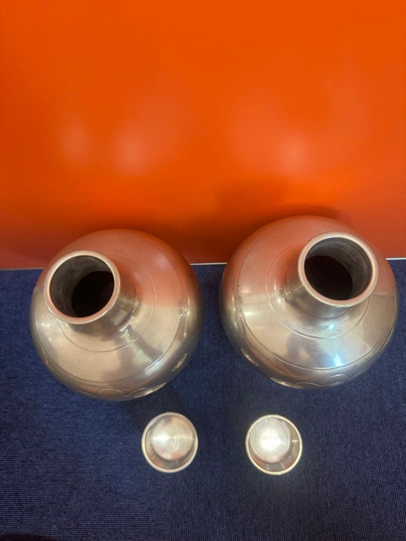 1644 純錫製 岡本謹製　古錫瓶子一対　酒器　32cm 時代物