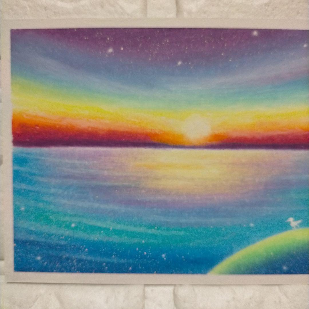 カルガモ親子と朝日 海の風景画 オイルパステル画 原画 ハガキサイズ絵画 #83