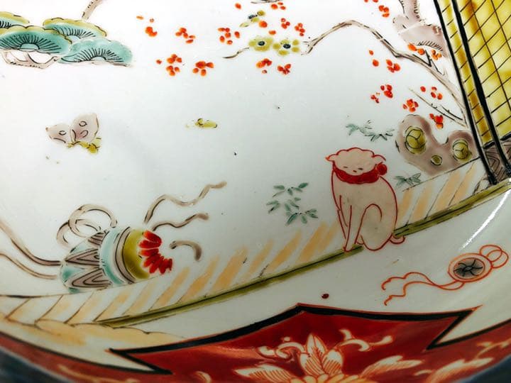 骨董　明治期伊万里焼二重高台色絵深鉢