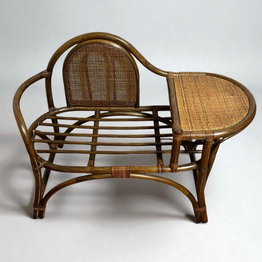 【美品】 ラタンチェア テレフォンベンチ 籐家具 サイドテーブル付き　昭和レトロ