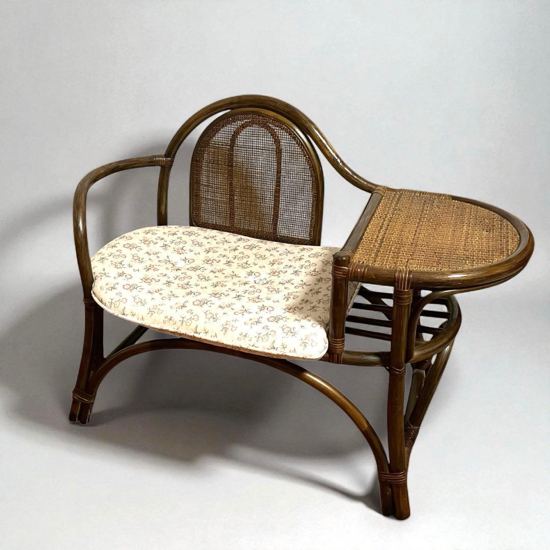 【美品】 ラタンチェア テレフォンベンチ 籐家具 サイドテーブル付き　昭和レトロ