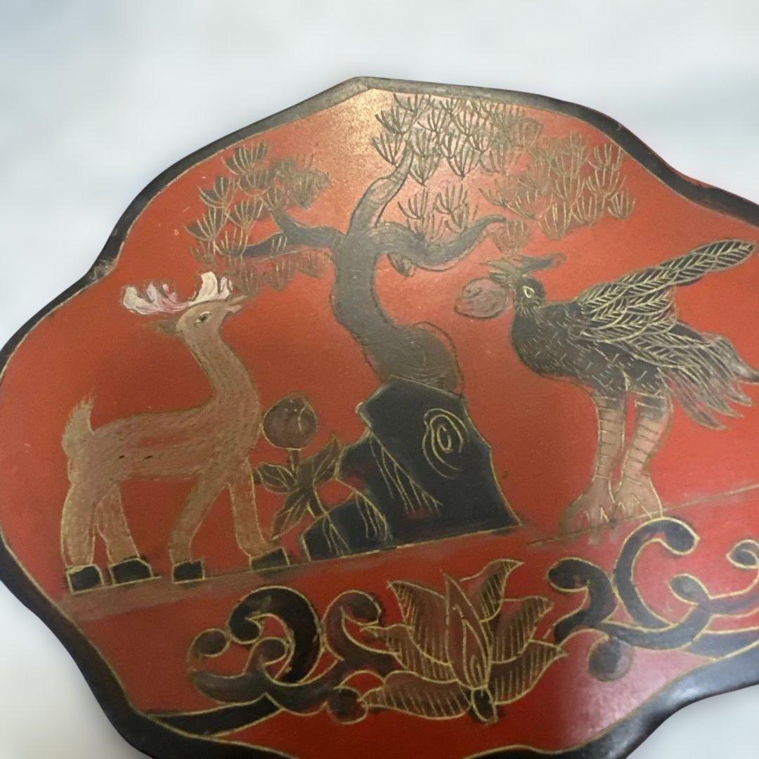 中国 清時代 インテリア　漆器 重箱 鹿と鳥のデザイン