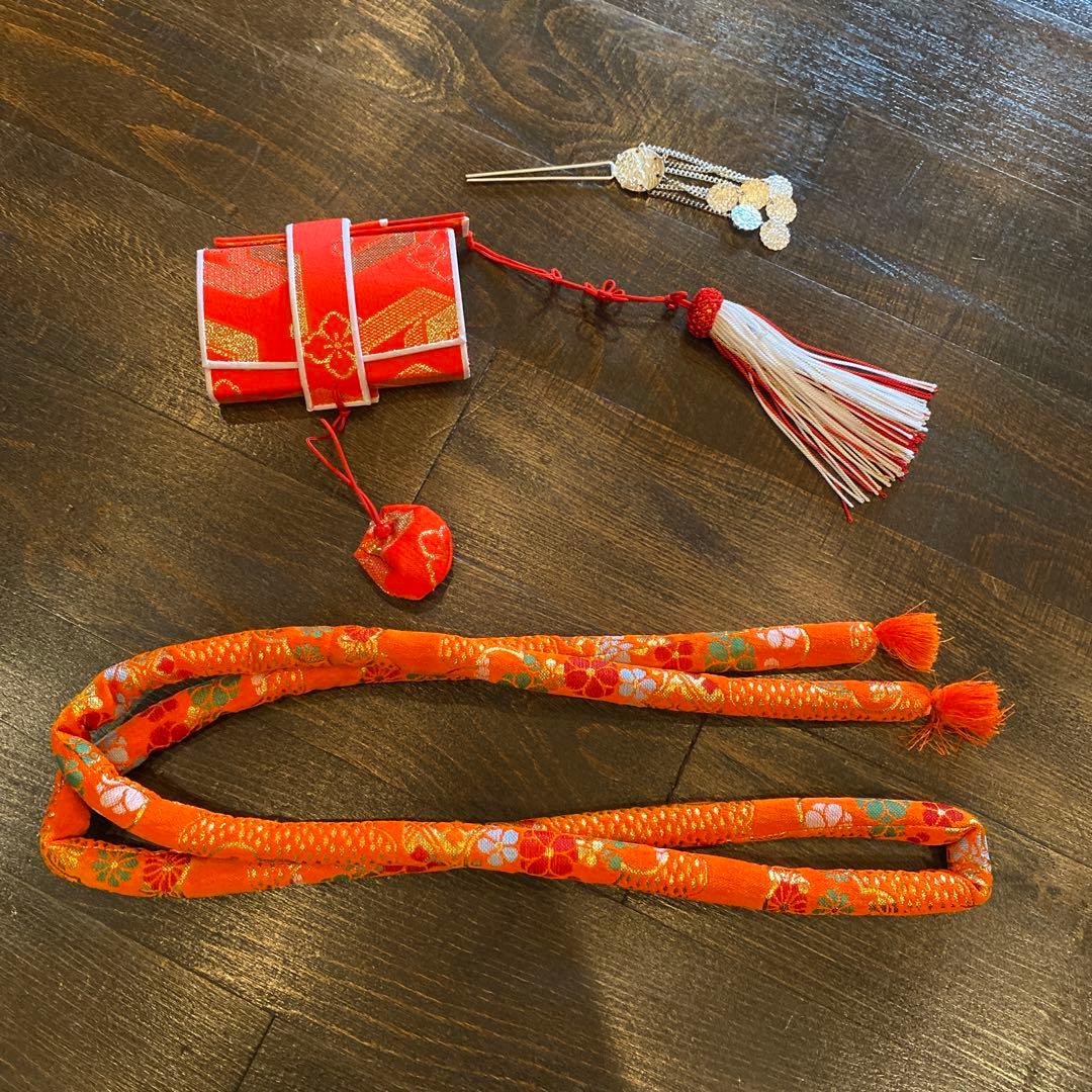 アンティーク 七五三 一つ身 三歳 着物 作り帯 他 フルセット 正絹 牡丹 赤