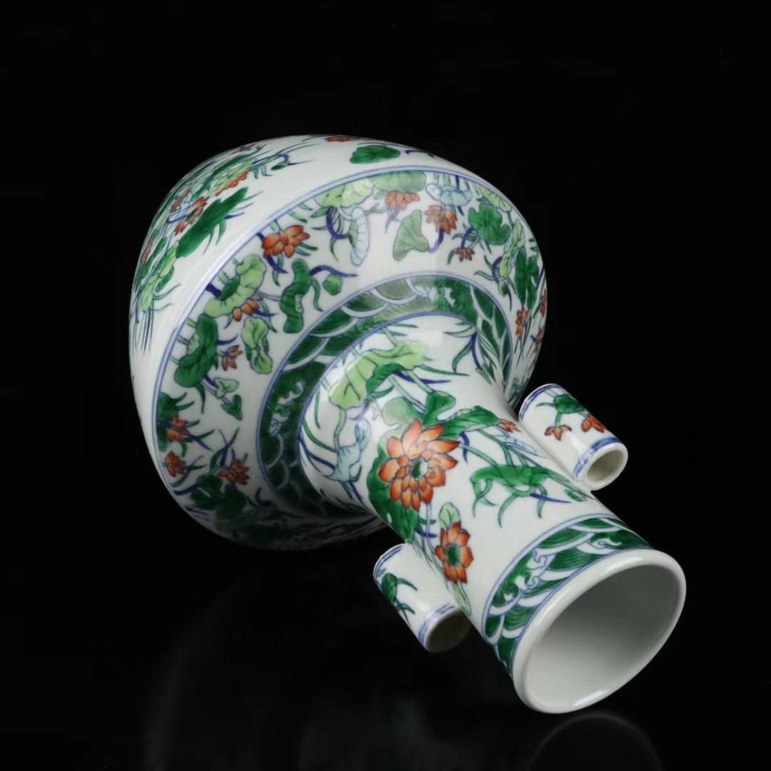 中国古美術✦清乾隆紋・青花斗彩・荷花紋・貫耳瓶セット✦花瓶・文房具・陶芸・観賞瓶