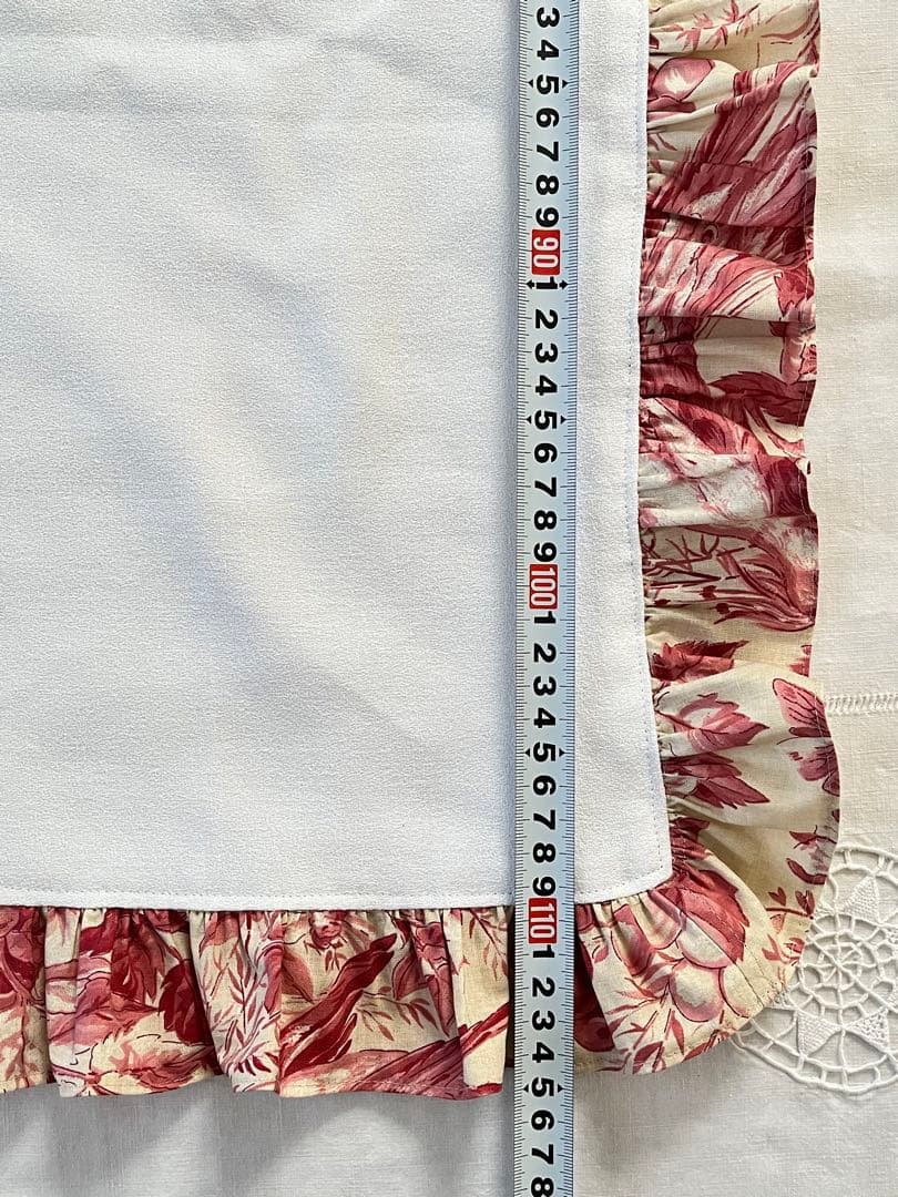 【美品】フランスアンティーク 手刺繍モノグラム テーブルクロス 赤のフリル付