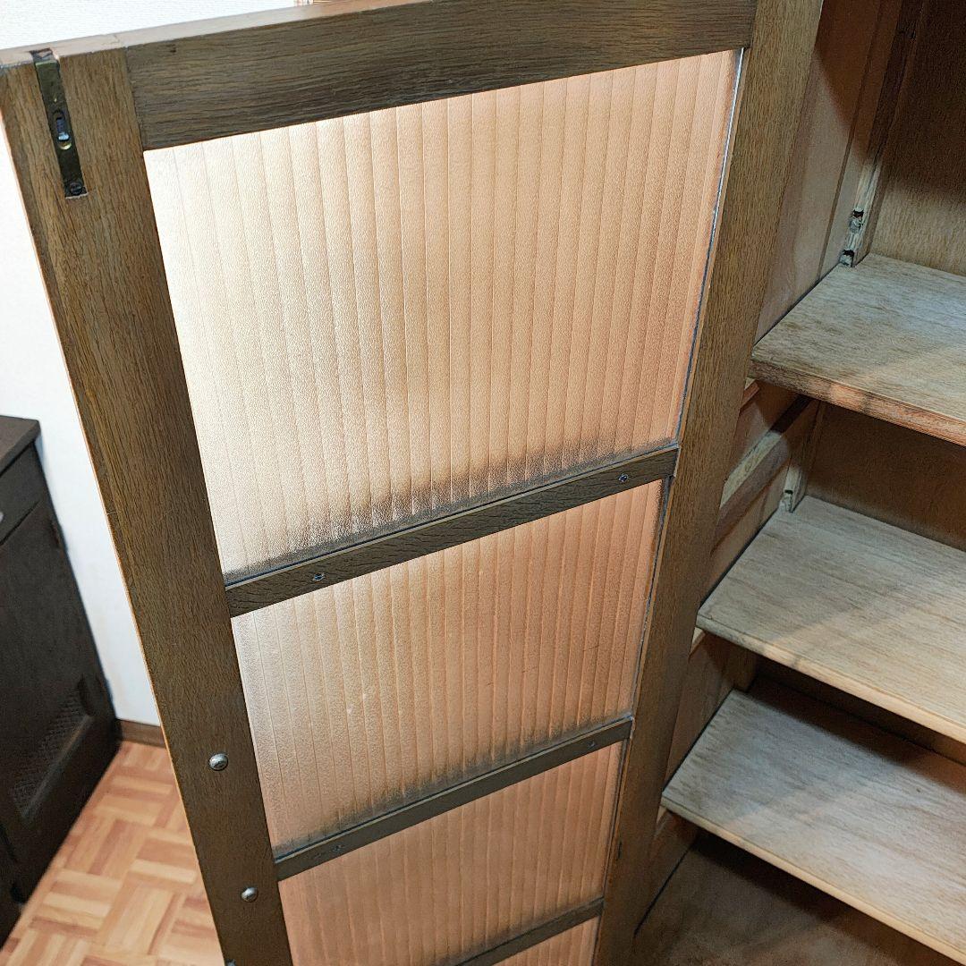 ガラス扉　本棚　食器棚　木製棚　モールガラス　昭和レトロ