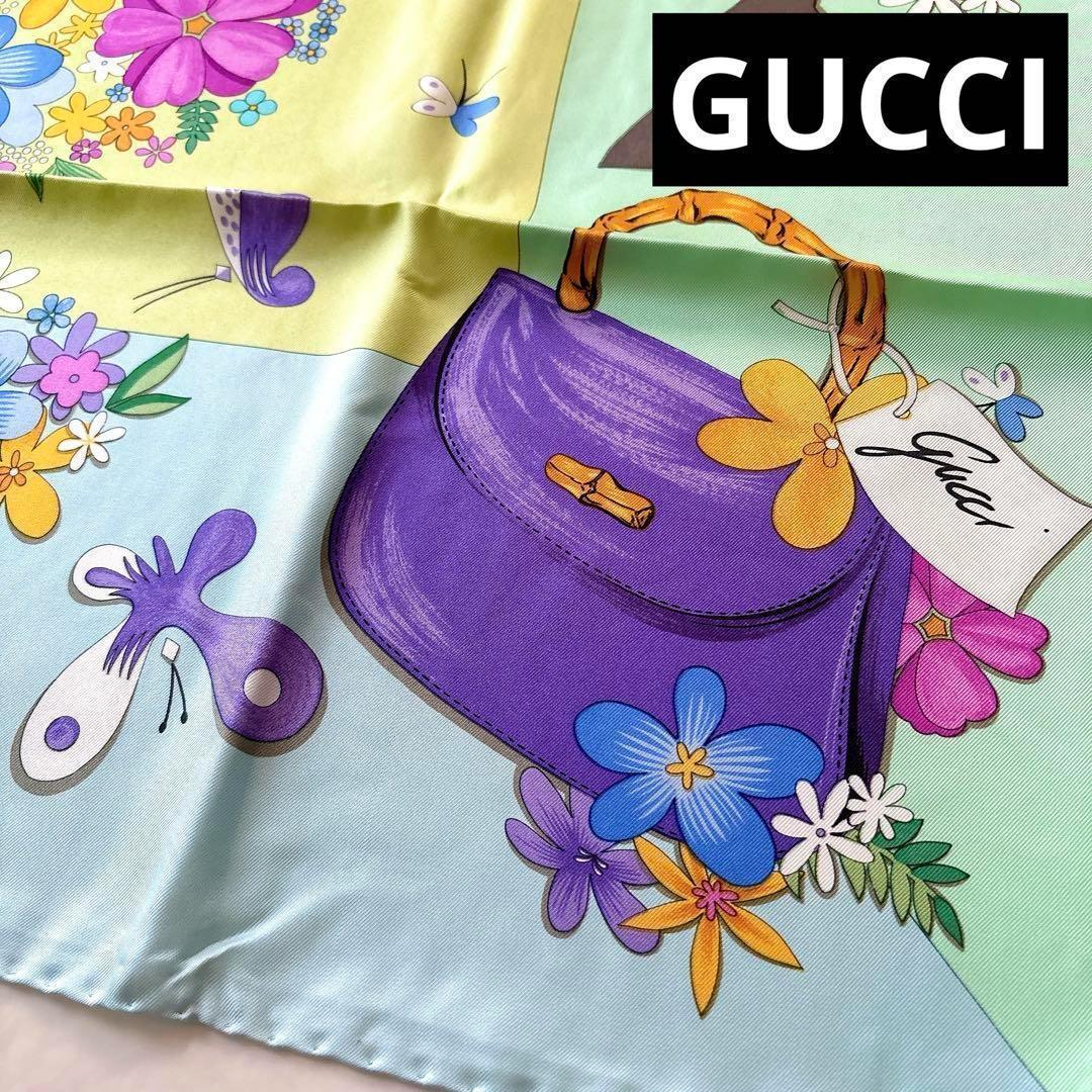 希少 GUCCI シルクスカーフ 大判 ホースビット×バンブーバッグ 花柄