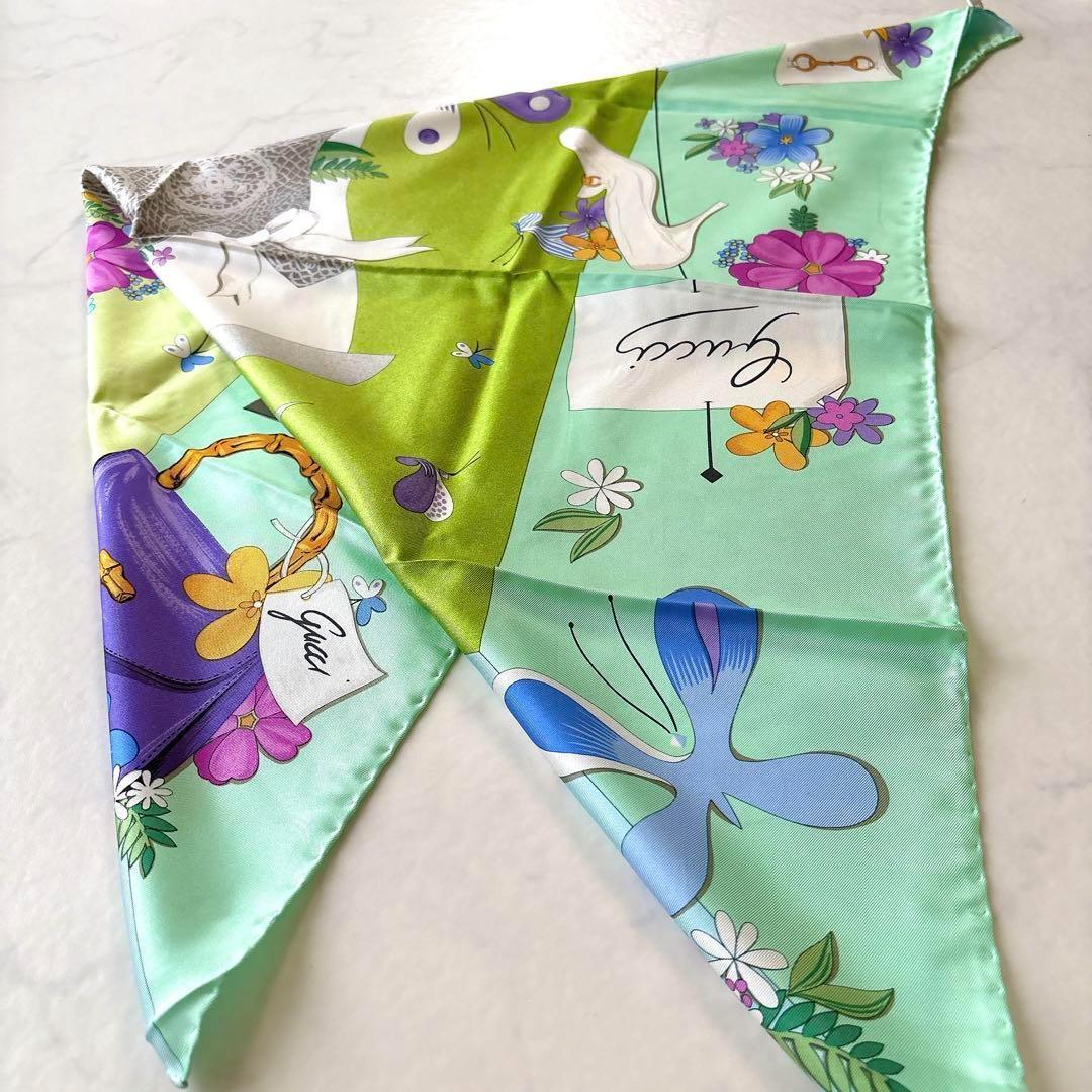 希少 GUCCI シルクスカーフ 大判 ホースビット×バンブーバッグ 花柄