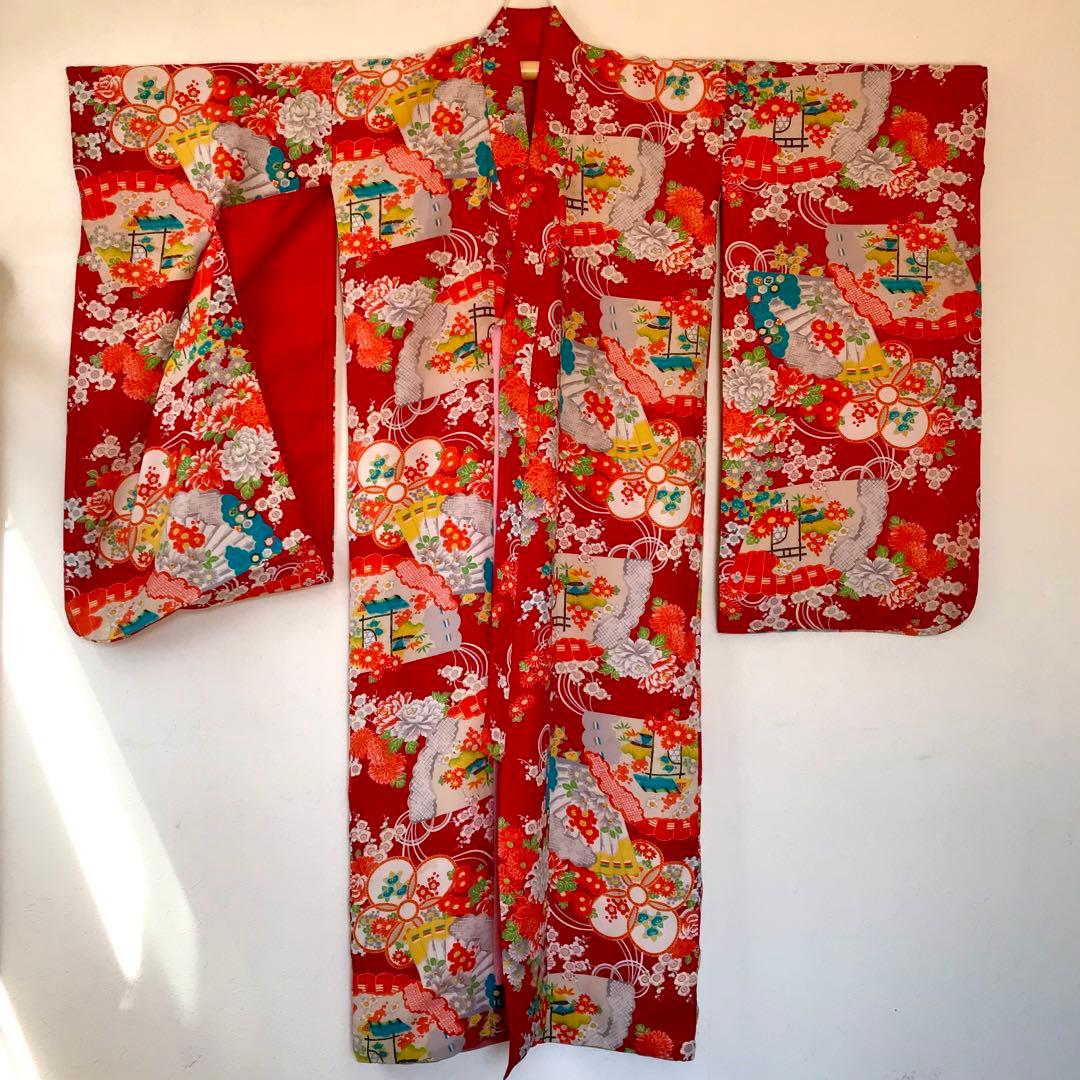 正絹 アンティークレトロ着物 女の子 七五三 ◇扇 花 古典柄