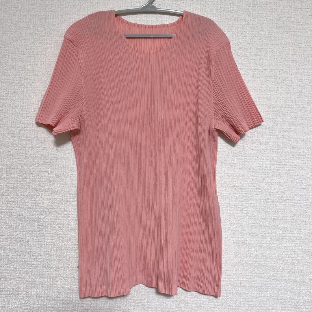 イッセイミヤケ 半袖カットソー Uネック サーモンピンク