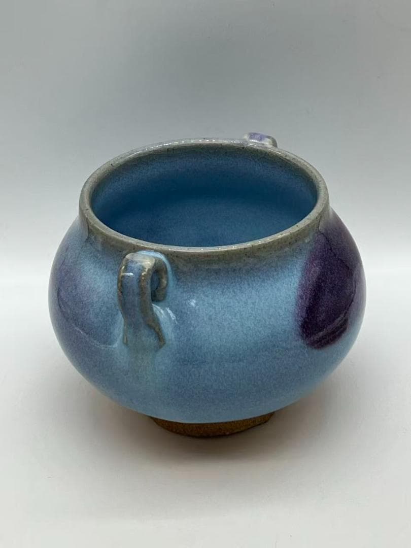 明时代 鈞窯　青磁 澱青月白釉紫斑 双糸耳香炉 水丞 香炉　茶道具(A-91)