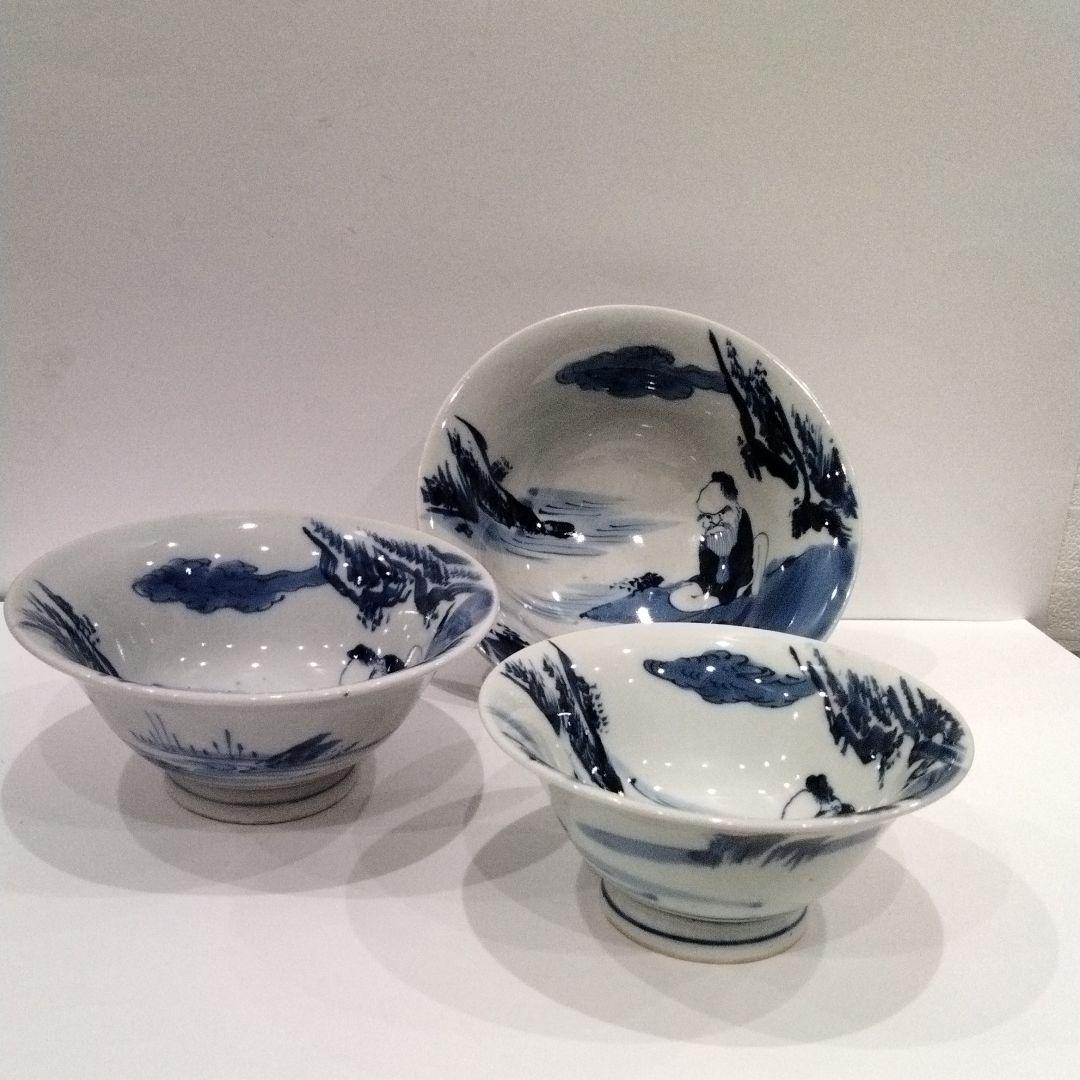 M398-5 江戸時代 古伊万里 染付山水仙人人物文 三種大丼鉢 大茶碗