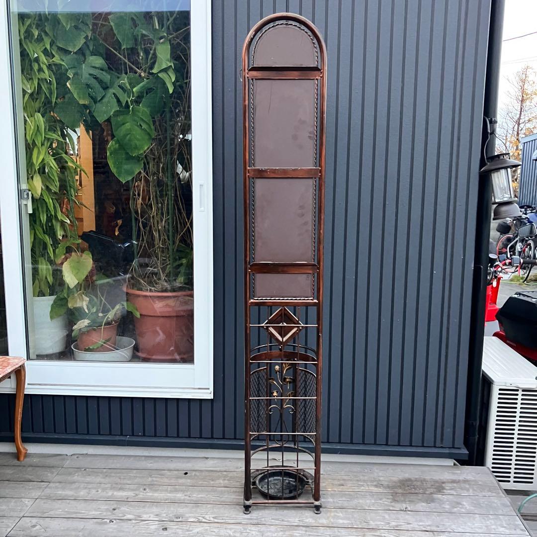 アンティーク 薔薇モチーフ 傘立て付きアイアンスタンドミラー 鏡 バラビンテージ