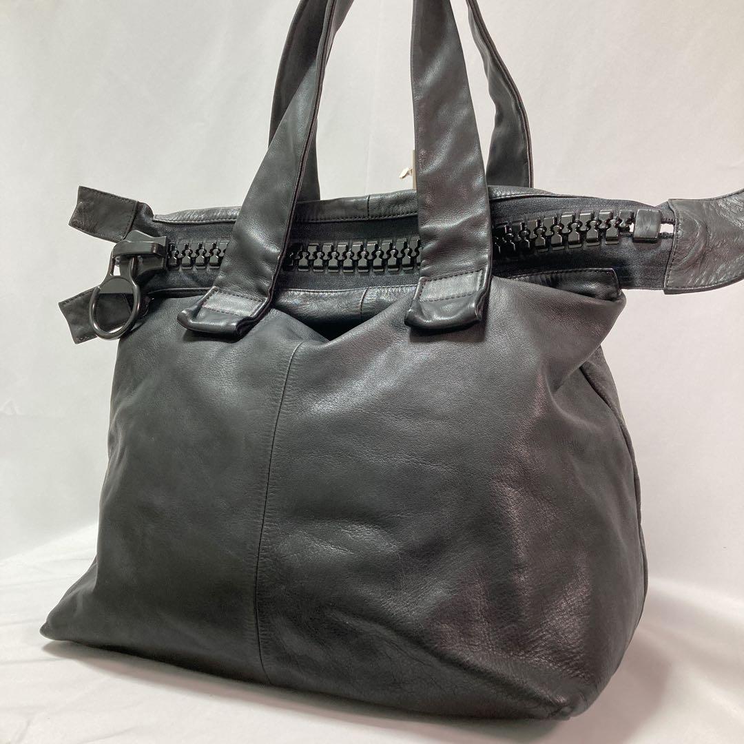 【美品】kawa-kawa カワカワ ボストン レザー ビッグファスナー BK