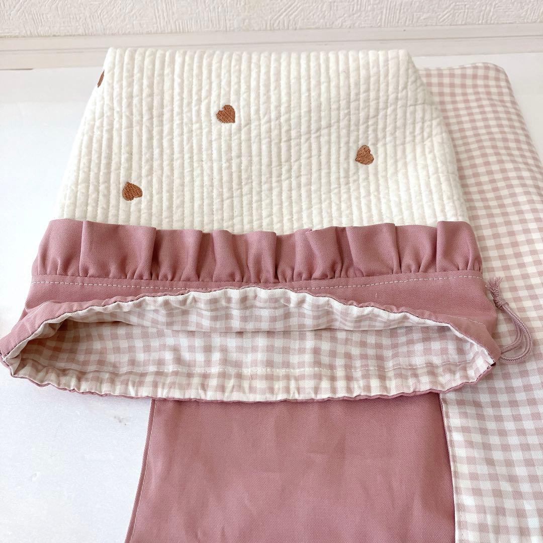 レッスンバッグ 上履き入れ　体操服袋　ランチョンマット　巾着袋　ヌビ　ハート刺繍