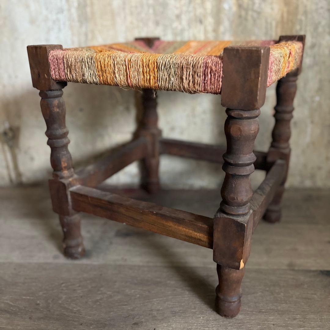 ヴィンテージ　ラッシュスツール　無垢材