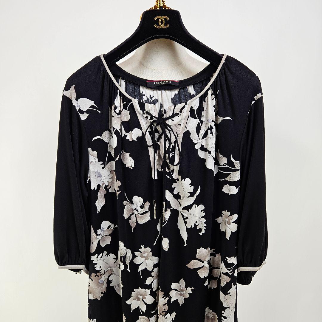 【極美品】レオナール 花柄 ワンピース フラワープリント 黒 7分袖 カンカン