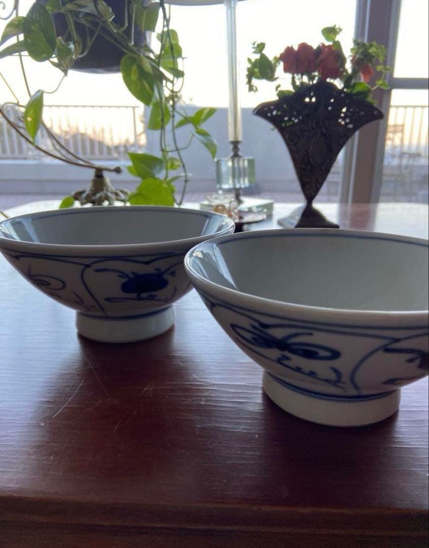 砥部焼　砥部窯　青い手描き模様の陶器飯碗　丼　7個