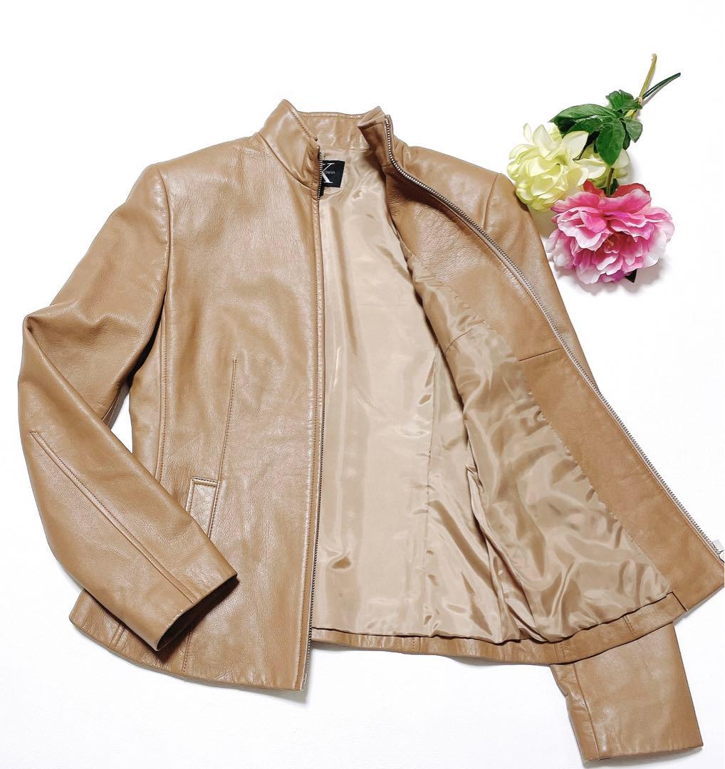 美品★カルバンクライン　ラムレザージャケット　スタンドカラー ベージュ4(605