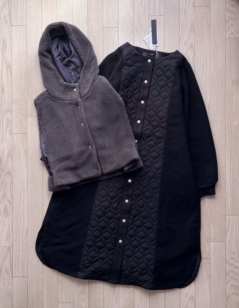 【新品】大きいサイズ 廃盤 コハク 異素材キルティングコート&ボアベストセット