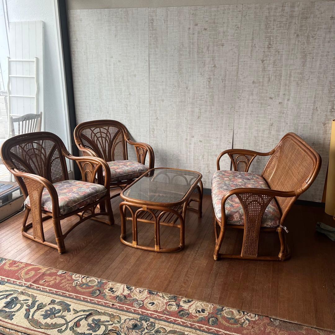 【アンティーク】① 籐 ラタンチェア アームチェア 椅子 クッションチェア