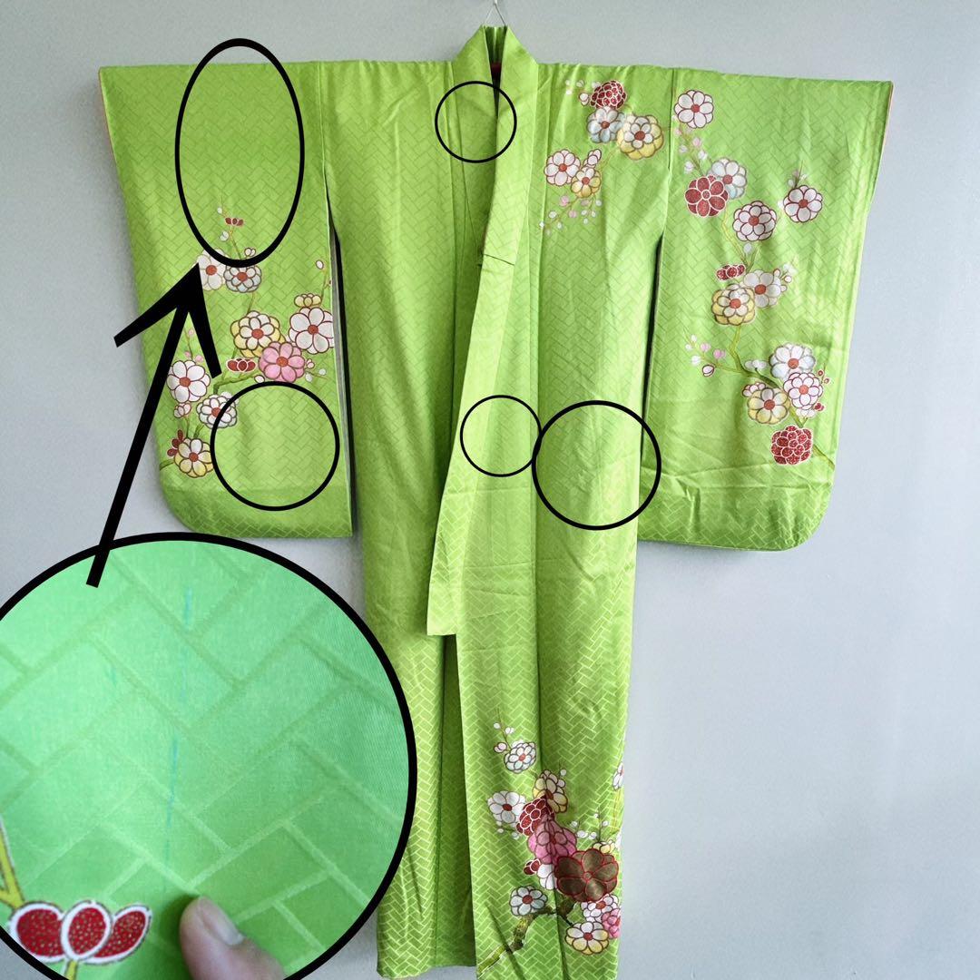 フルセット　七五三７歳女の子　着物　黄緑地　金プリント梅地紋　51219