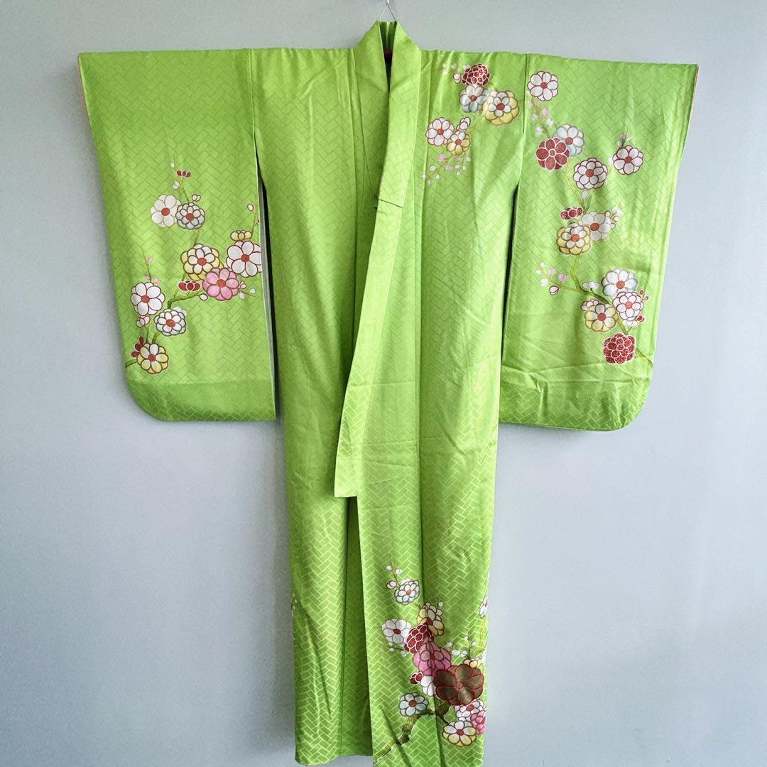フルセット　七五三７歳女の子　着物　黄緑地　金プリント梅地紋　51219