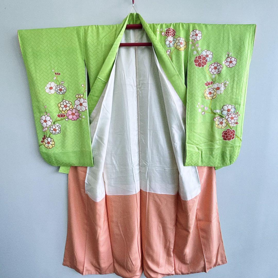 フルセット　七五三７歳女の子　着物　黄緑地　金プリント梅地紋　51219