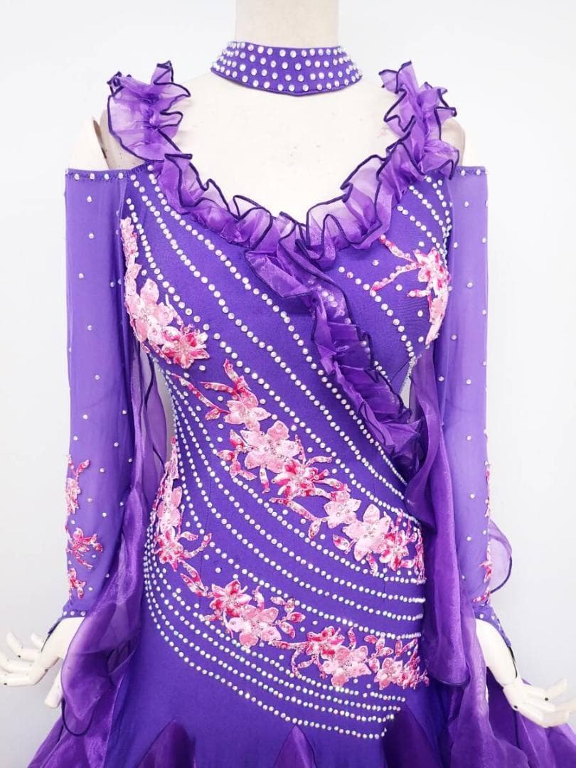 B1456★美品★紫/ピンク花/刺繍/ワンピース/スタンダードドレス☆社交ダンス