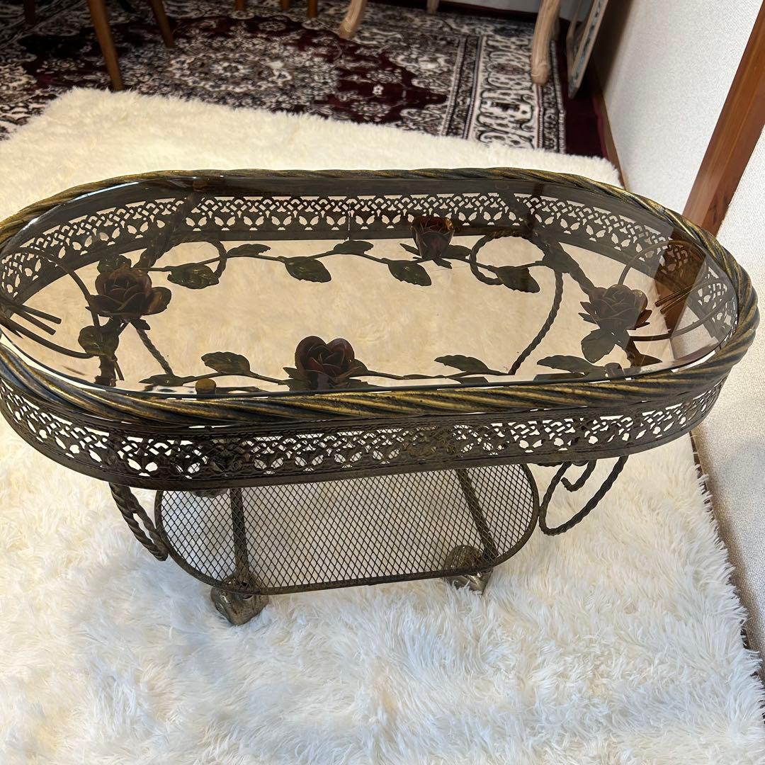 ヴィンテージ ミッドセンチュリー ガラス天板 真鍮キャスター HMC 薔薇