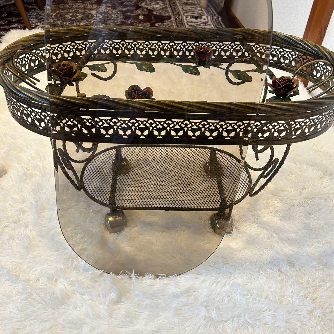 ヴィンテージ ミッドセンチュリー ガラス天板 真鍮キャスター HMC 薔薇