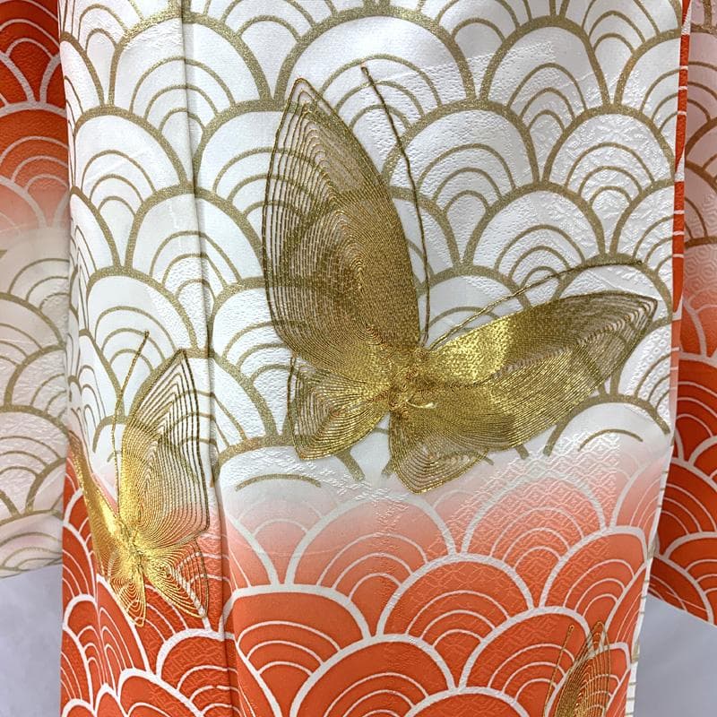 507ag63□七五三 七歳 女児 着物&袋帯 金駒刺繍 蝶 青海波□状態良好