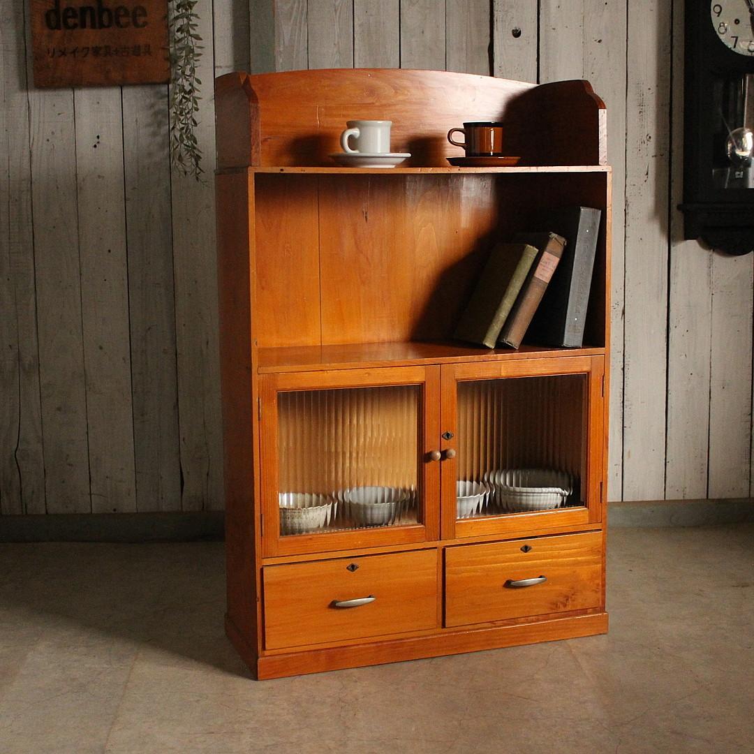 古いモールガラス戸棚　収納棚　小引き出し2杯