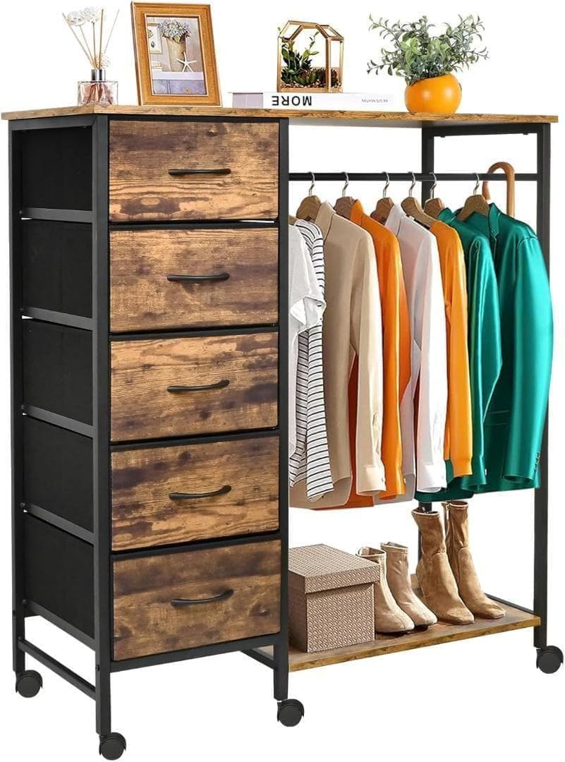 【M3115-142-100】ハンガーラック 頑丈 チェスト タンス 5段