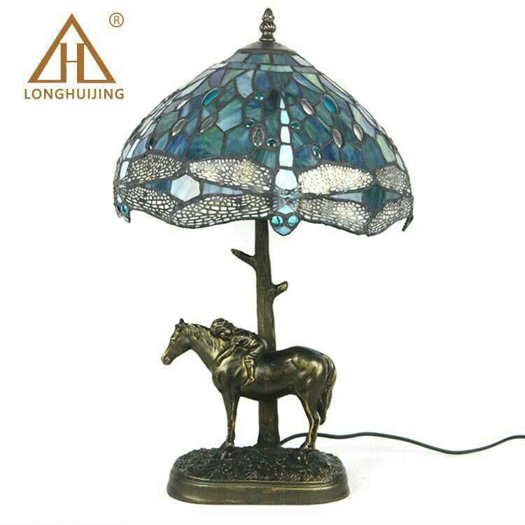 ティファニースタイルテーブルランプ電気スタンドガラスランプ\r 緑のトンボ馬の8
