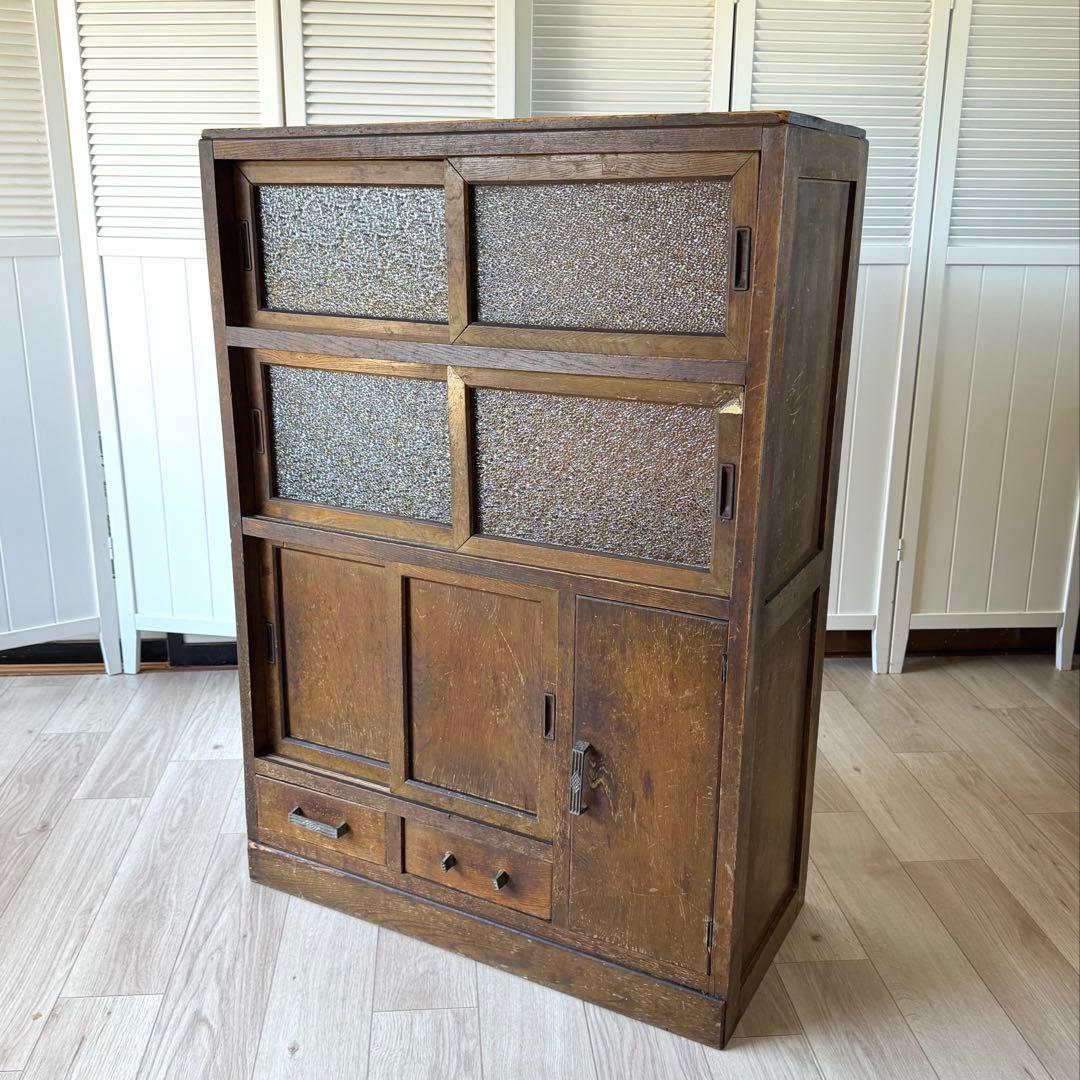 昭和レトロ 水屋箪笥 希少 ダイヤガラス 戸棚 キャビネット 古民具