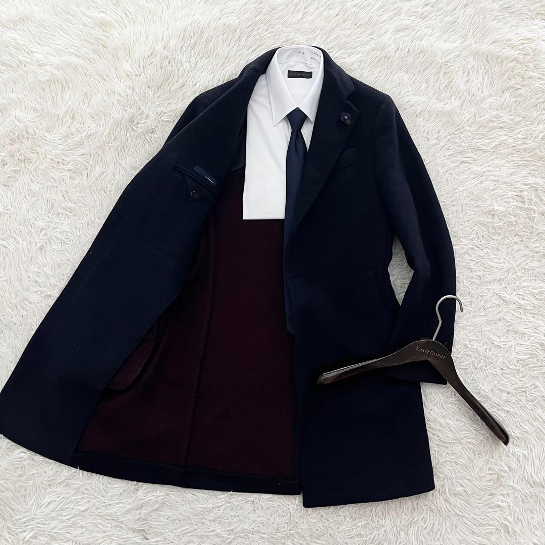 <美品>LARDINI ネイビー ウール チェスターコート ブートニエール 46
