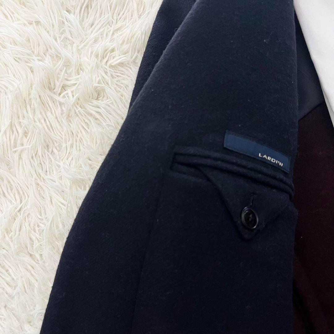 <美品>LARDINI ネイビー ウール チェスターコート ブートニエール 46