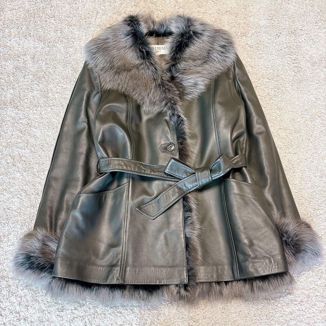 極美品BALMAIN ベルト付きレザー ファー ジャケット黒L〜XLフォックス