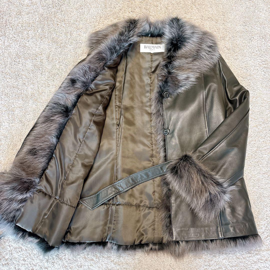 極美品BALMAIN ベルト付きレザー ファー ジャケット黒L〜XLフォックス