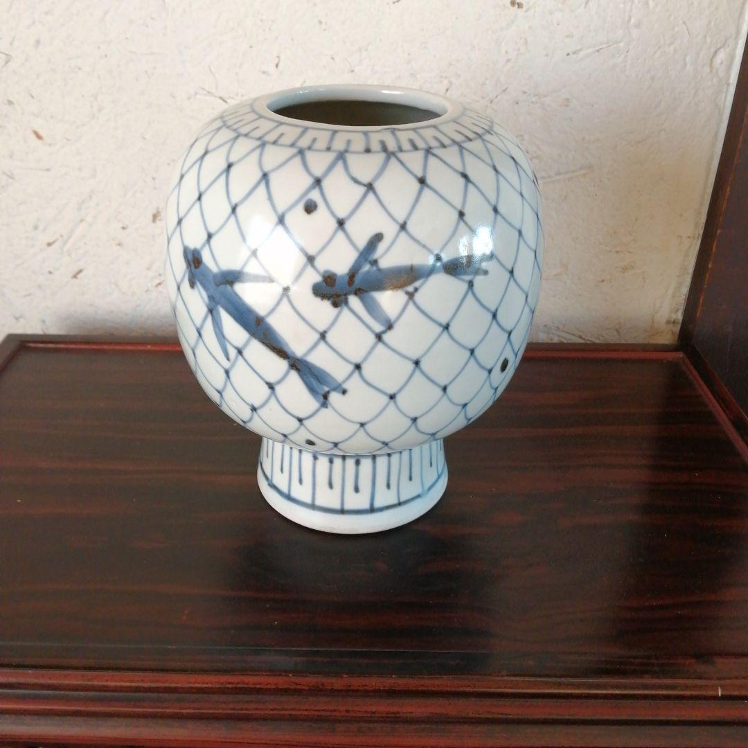 中国　網目紋飛魚画胴継花瓶　22cm　民国〜昭和中期