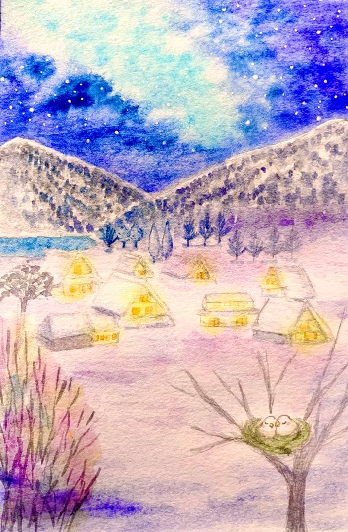 冬の風景 水彩画　茅葺き屋根の家と眠る小鳥たち　値段は※900円です