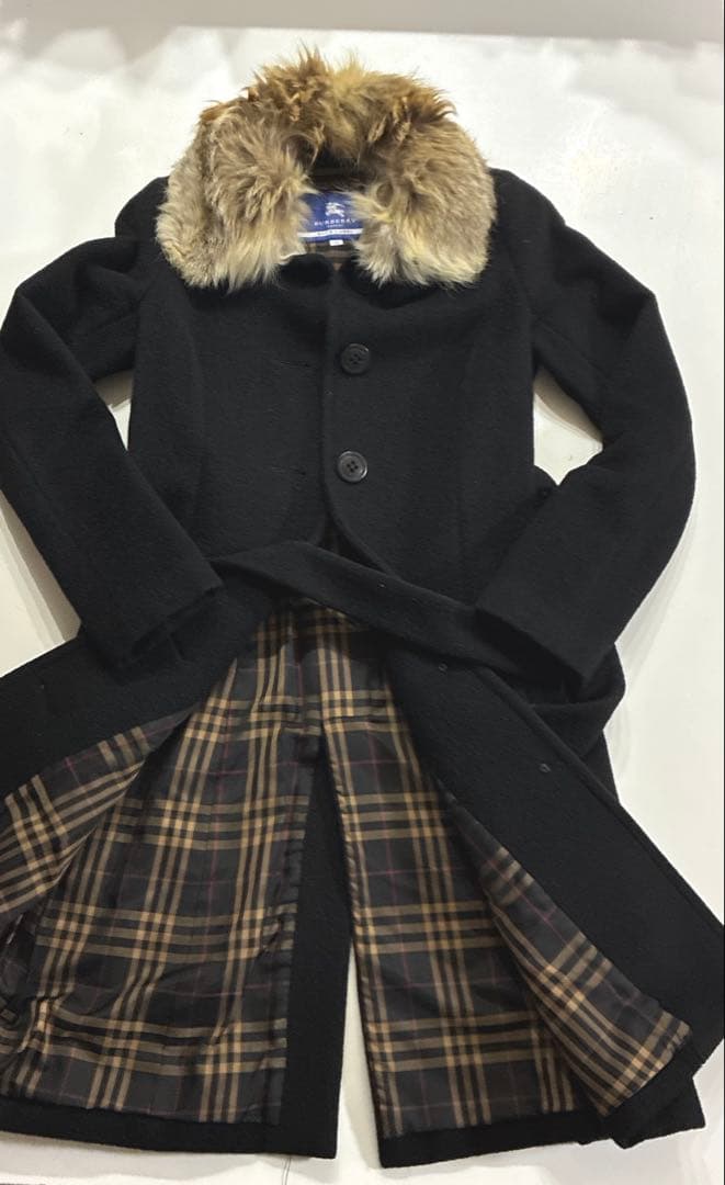 美品　バーバリーブルーレーベル　ロングコート　アンゴラ　ノバチェック　ファー　黒