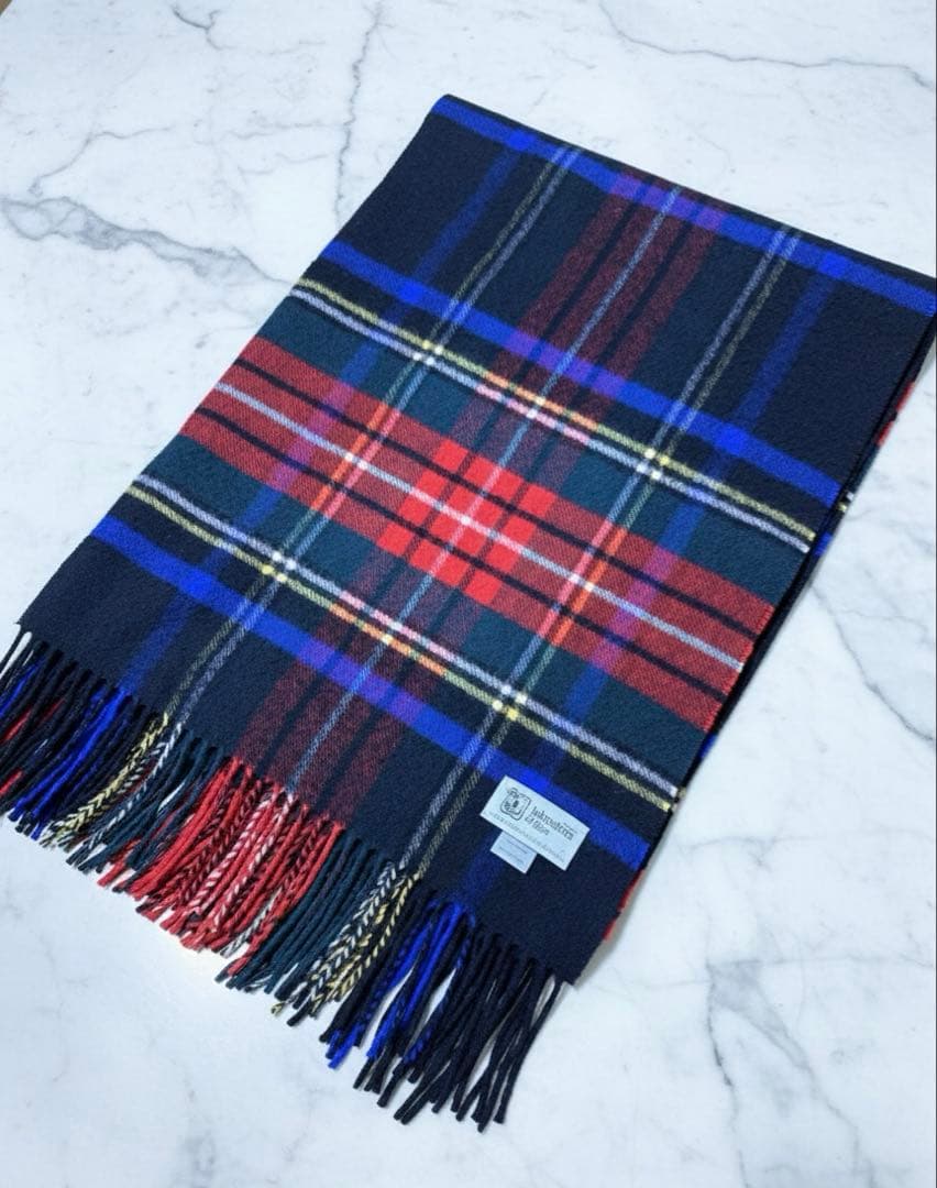 ジョンストンズ カシミヤ大判ストール　ブラックスチュワート