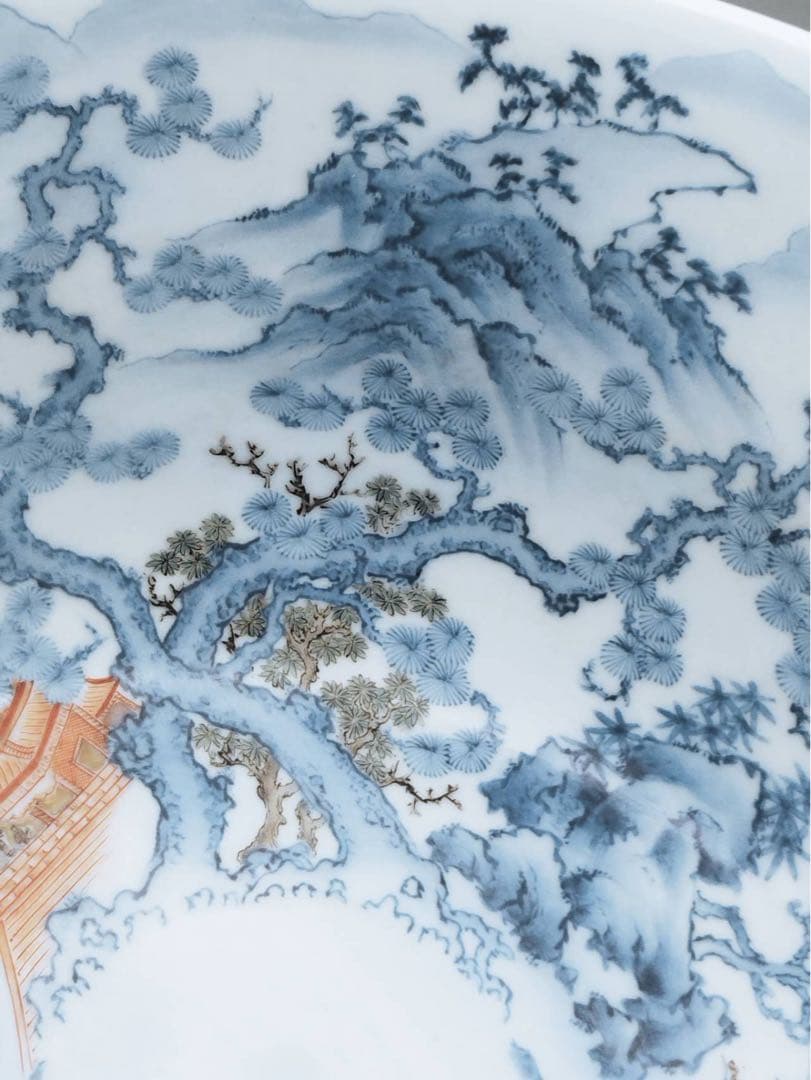 秀逸作品　十二代酒井田柿右衛門作　内染錦楼閣山水図　外錦手唐草細密絵 大鉢