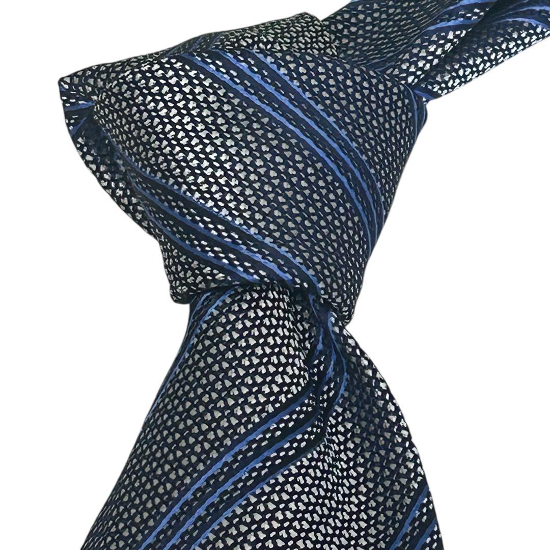 極美品　ブリオーニ　シルクストライプタイ　シルバー×ブルー