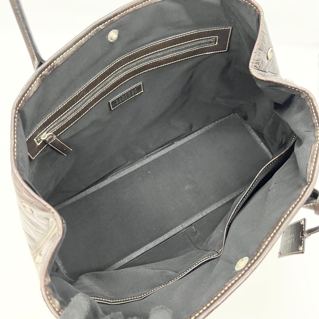 美品✨バーニーズニューヨーク　トートバッグ　クロコ型押し　レザー　濃茶　A4