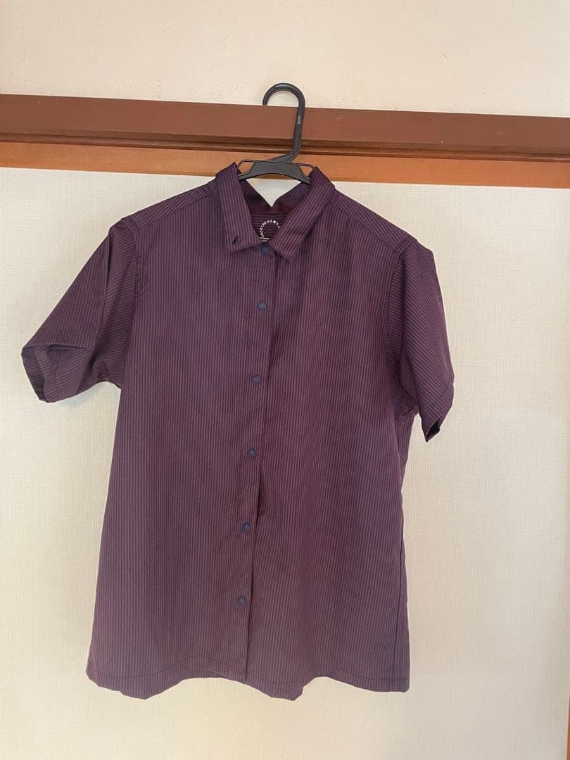 山と道 メリノウール シャツ 半袖 女性 M Bordeaux Stripe