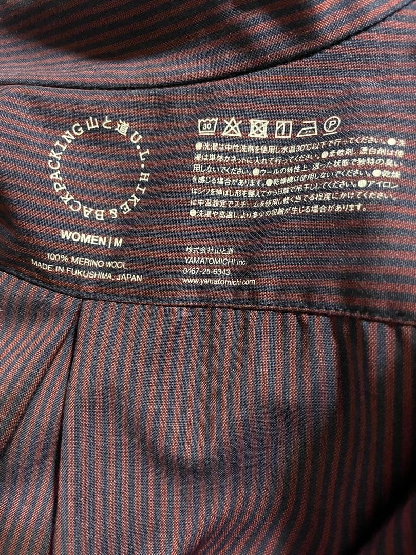 山と道 メリノウール シャツ 半袖 女性 M Bordeaux Stripe
